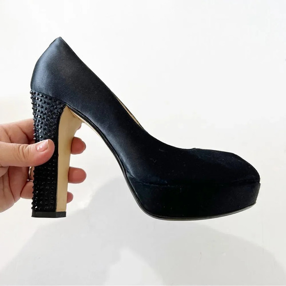 Michael Michael Kors Black Satin Peep Toe Platform Heels Size 8 Pleasers Studded - Picture 2 of 13